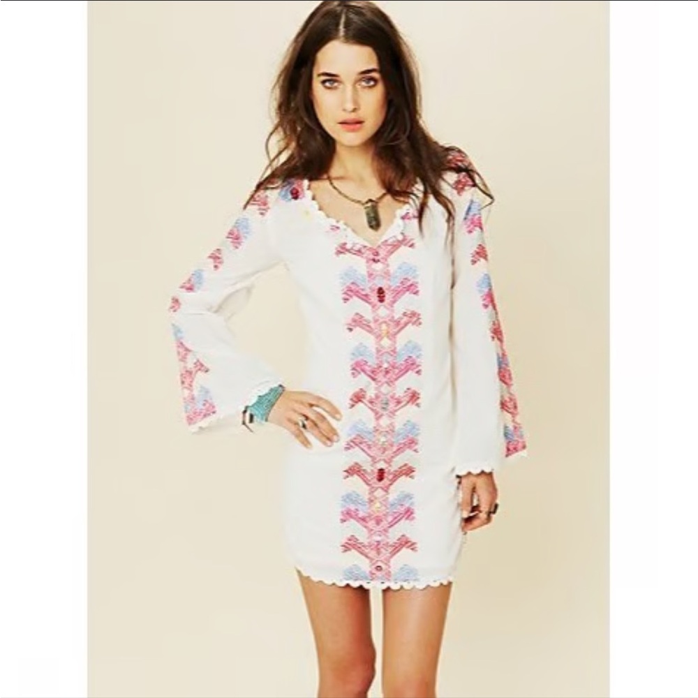 Free People White Long Sleeve Embroidered Tunic Dress with Pink & Blue Trim